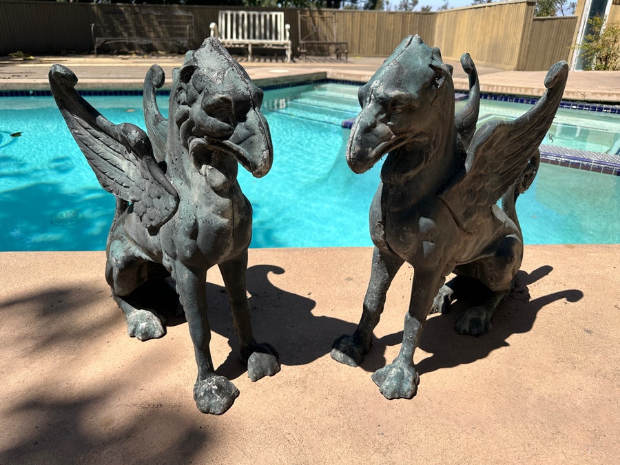 Vintage Pair Of Cast Aluminum Winged Griffins Garden Decor 25W X 7D X 22H [Photo 6]