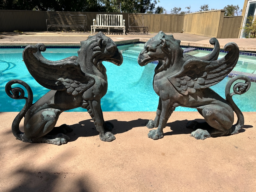Vintage Pair Of Cast Aluminum Winged Griffins Garden Decor 25W X 7D X 22H