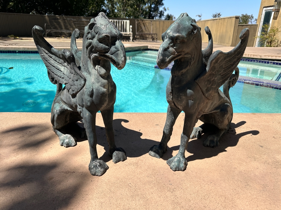 Vintage Pair Of Cast Aluminum Winged Griffins Garden Decor 25W X 7D X 22H [Photo 5]