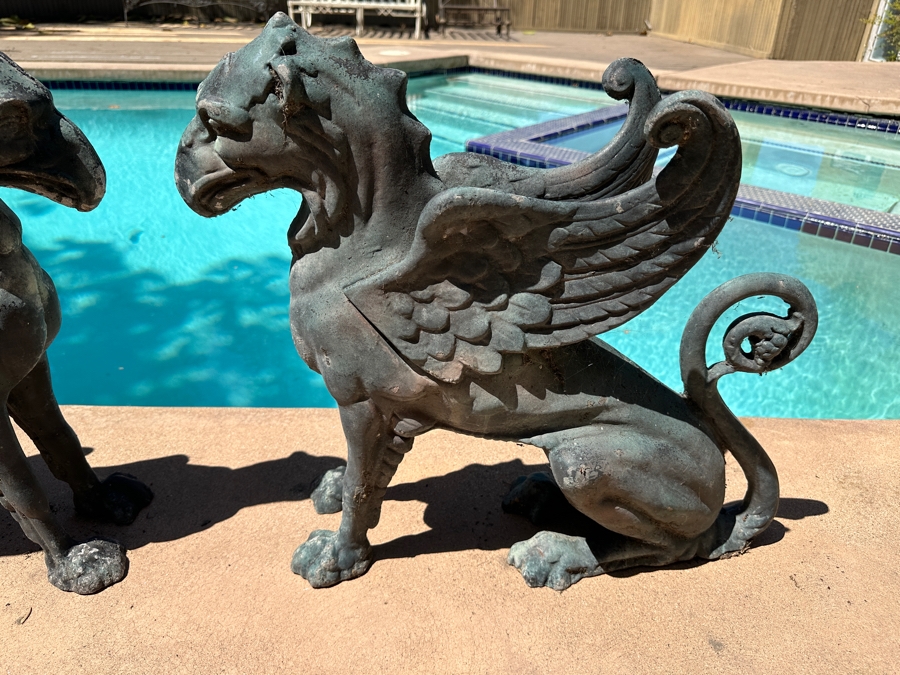 Vintage Pair Of Cast Aluminum Winged Griffins Garden Decor 25W X 7D X 22H [Photo 3]