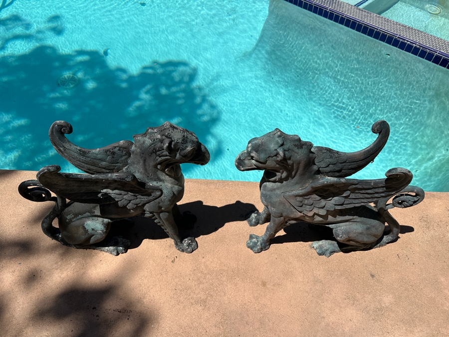 Vintage Pair Of Cast Aluminum Winged Griffins Garden Decor 25W X 7D X 22H [Photo 4]