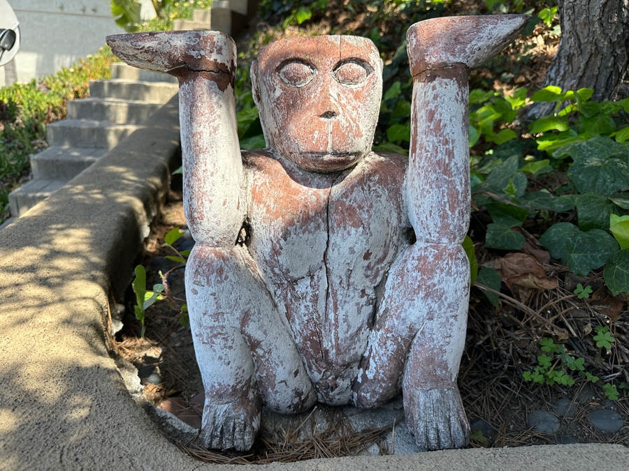Carved Wooden Monkey Sculpture Base For A Table Garden Decor 12W X 11D X 18H