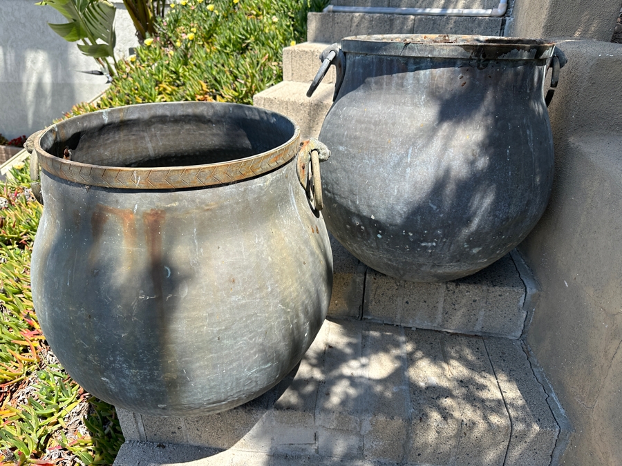 Pair Of Large Copper Vessels Cauldrons Garden Planters 26'W X 24.5'H