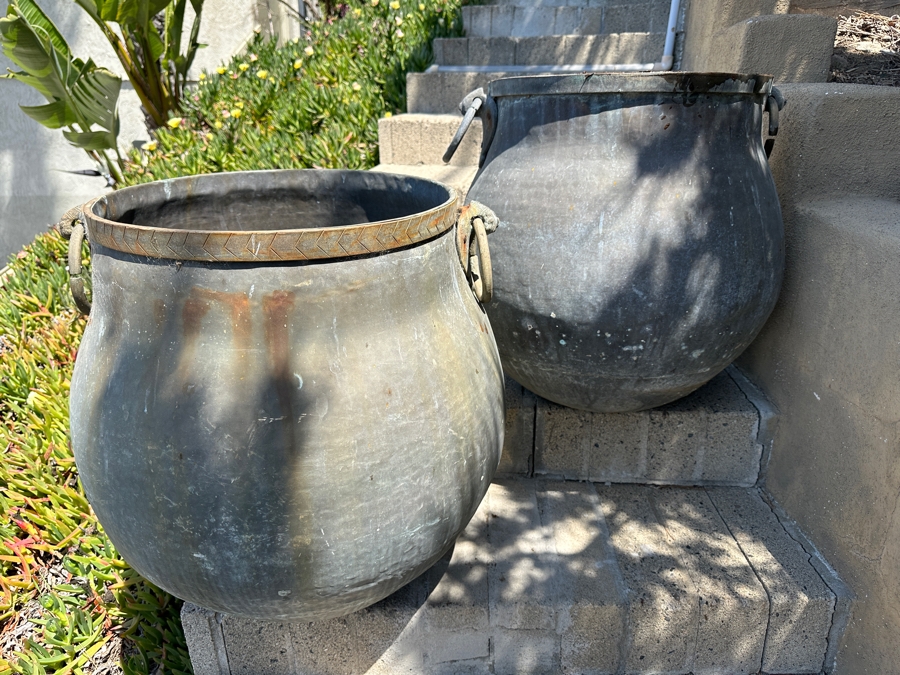 Pair Of Large Copper Vessels Cauldrons Garden Planters 26'W X 24.5'H [Photo 3]