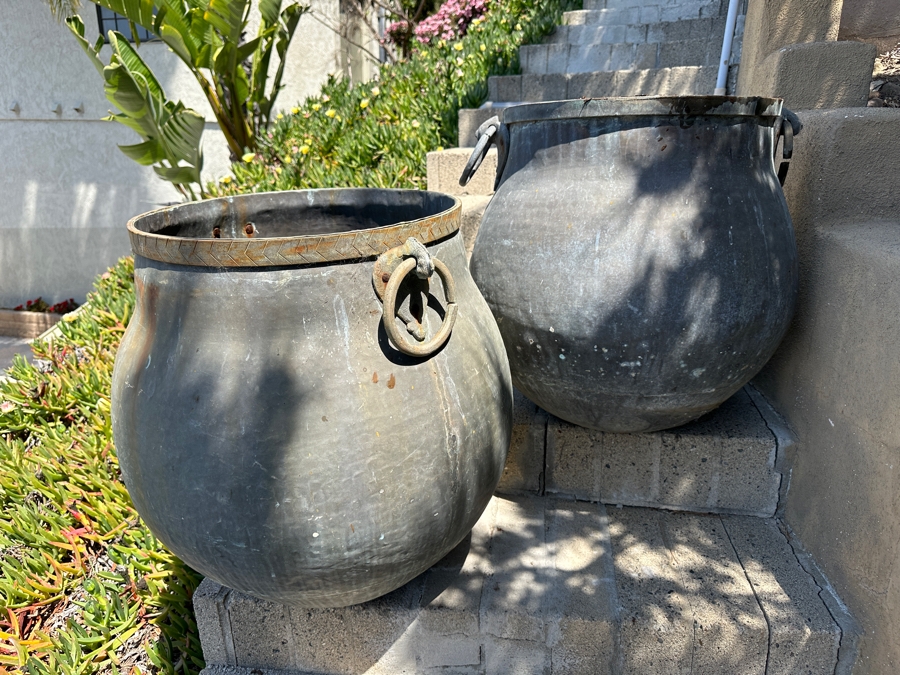 Pair Of Large Copper Vessels Cauldrons Garden Planters 26'W X 24.5'H [Photo 2]