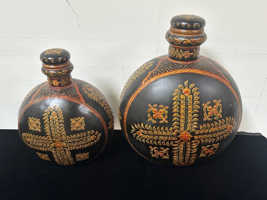 Just Added - Pair Of Large Decorative Hand Painted Metal Decanters 19H & 24H [Photo 2]