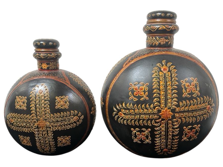 Just Added - Pair Of Large Decorative Hand Painted Metal Decanters 19H & 24H