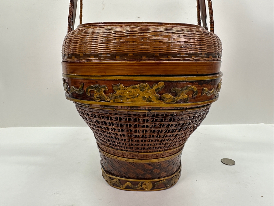Just Added - Antique Chinese Woven Rattan Sewing Or Wedding Basket Signed 13W X 8D X 18H [Photo 10]