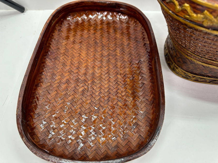 Just Added - Antique Chinese Woven Rattan Sewing Or Wedding Basket Signed 13W X 8D X 18H [Photo 13]