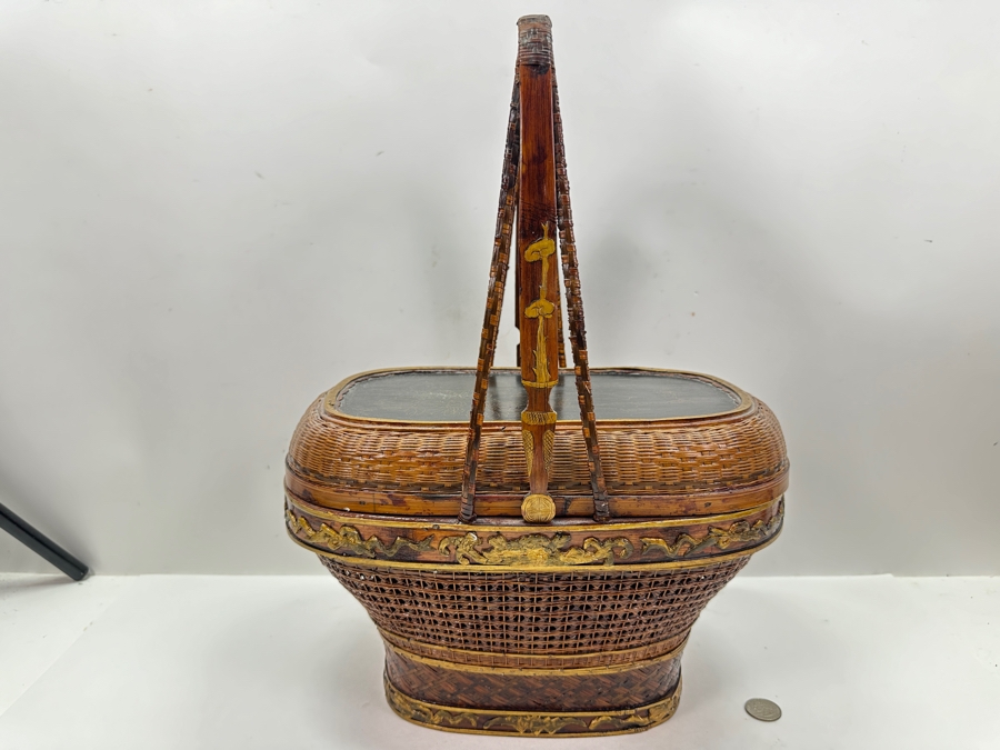 Just Added - Antique Chinese Woven Rattan Sewing Or Wedding Basket Signed 13W X 8D X 18H [Photo 2]