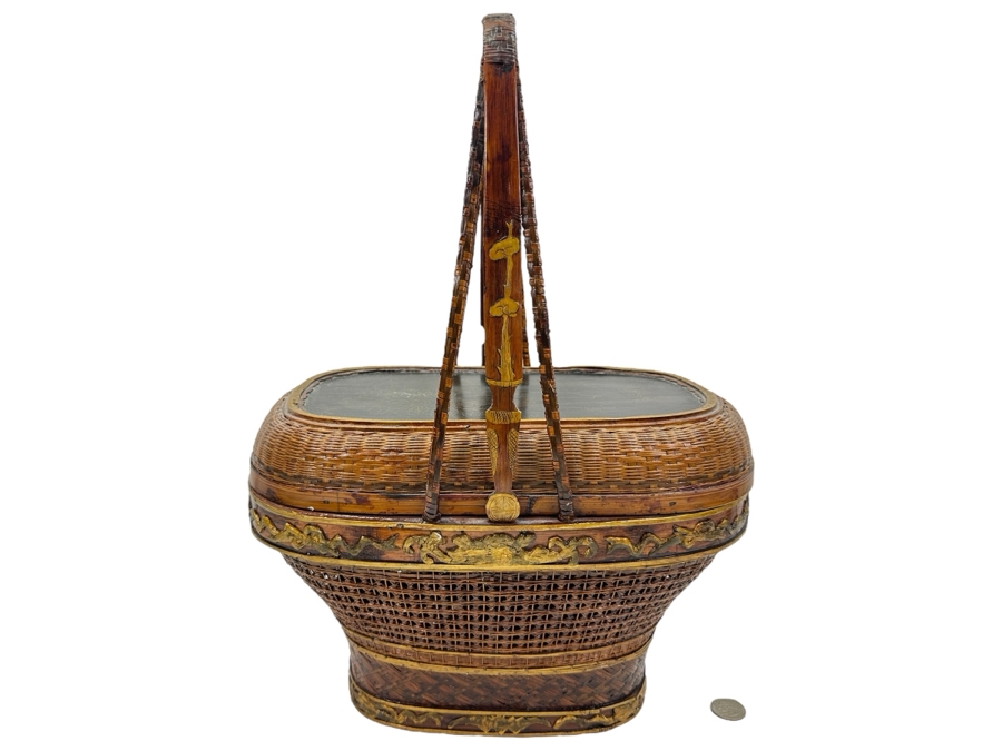 Just Added - Antique Chinese Woven Rattan Sewing Or Wedding Basket Signed 13W X 8D X 18H