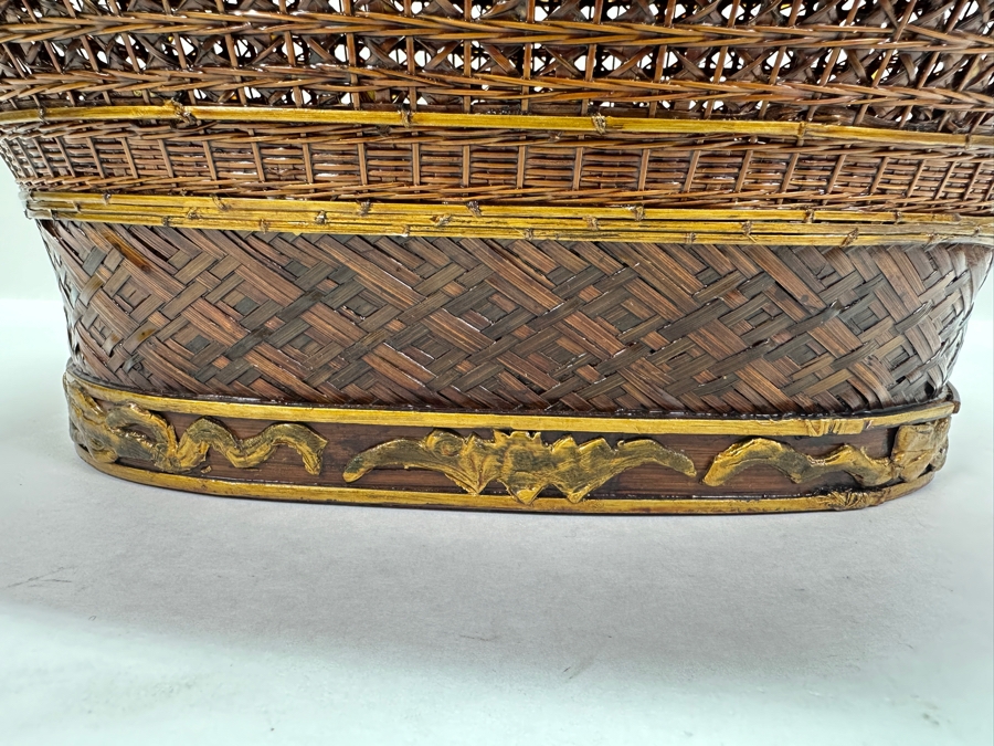 Just Added - Antique Chinese Woven Rattan Sewing Or Wedding Basket Signed 13W X 8D X 18H [Photo 6]