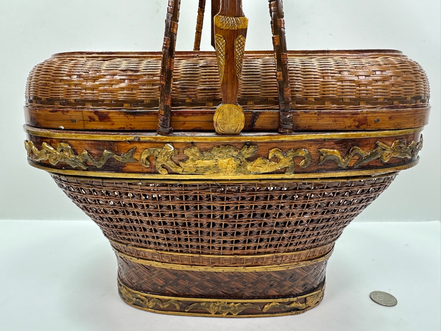 Just Added - Antique Chinese Woven Rattan Sewing Or Wedding Basket Signed 13W X 8D X 18H [Photo 3]