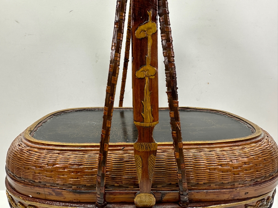 Just Added - Antique Chinese Woven Rattan Sewing Or Wedding Basket Signed 13W X 8D X 18H [Photo 5]