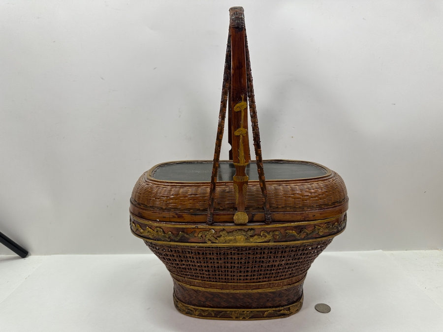 Just Added - Antique Chinese Woven Rattan Sewing Or Wedding Basket Signed 13W X 8D X 18H [Photo 11]