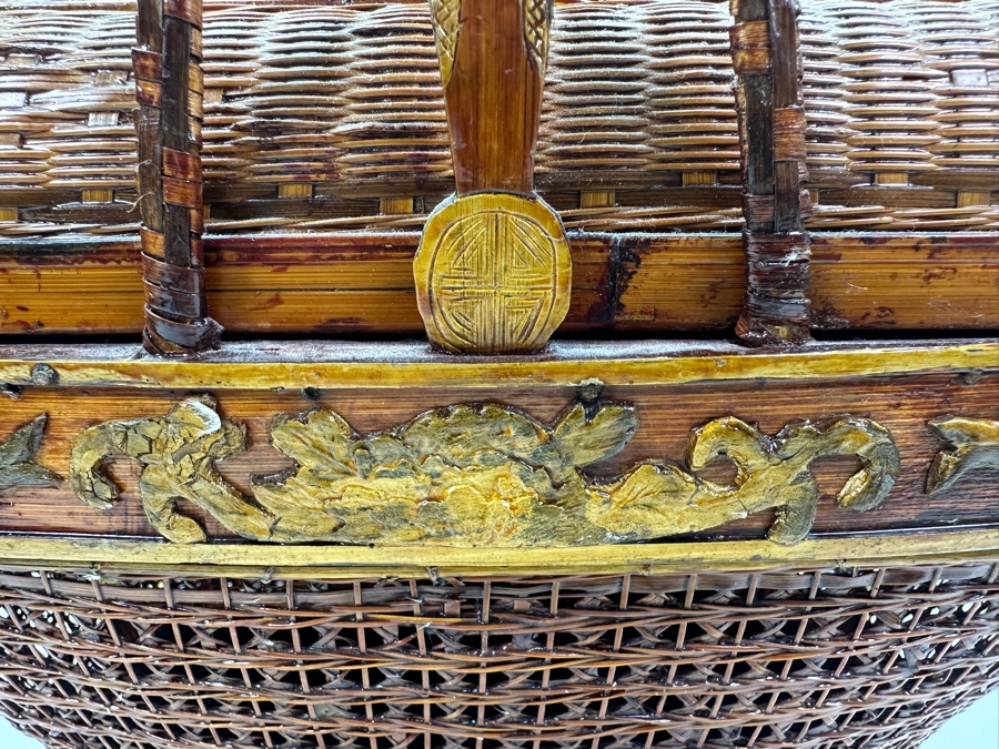 Just Added - Antique Chinese Woven Rattan Sewing Or Wedding Basket Signed 13W X 8D X 18H [Photo 4]