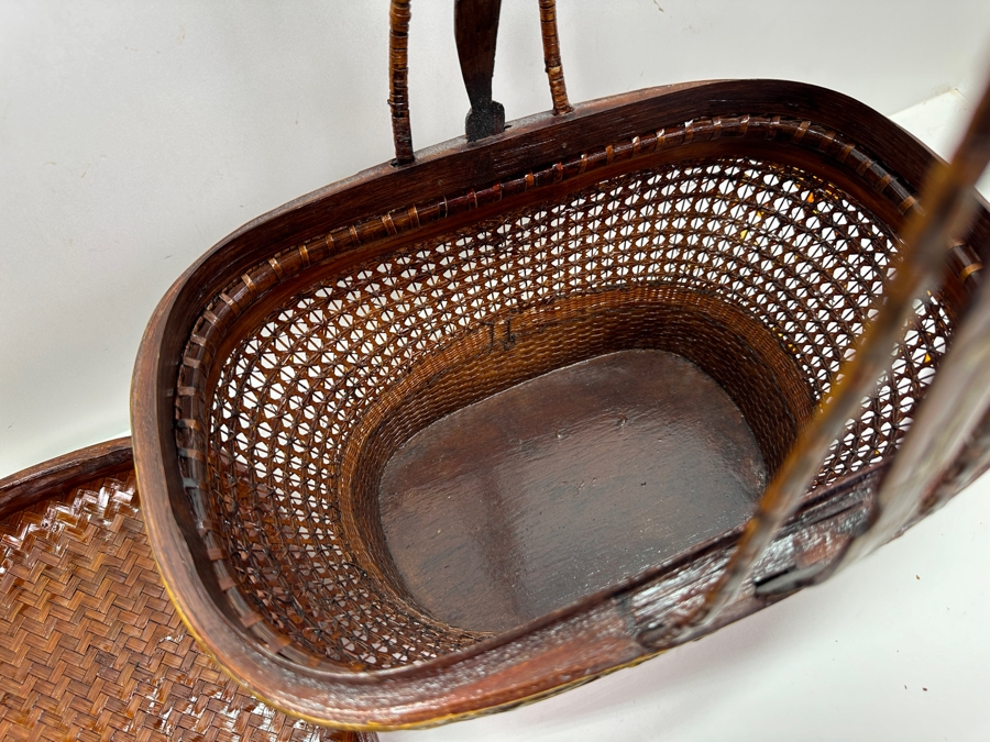 Just Added - Antique Chinese Woven Rattan Sewing Or Wedding Basket Signed 13W X 8D X 18H [Photo 12]