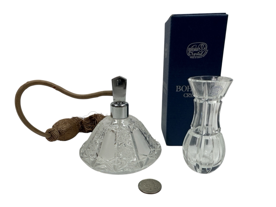 Just Added - Vintage Bohemia Crystal Perfume Bottle And New Bohemia Crystal Vase With Box Made In Czech Republic 4H