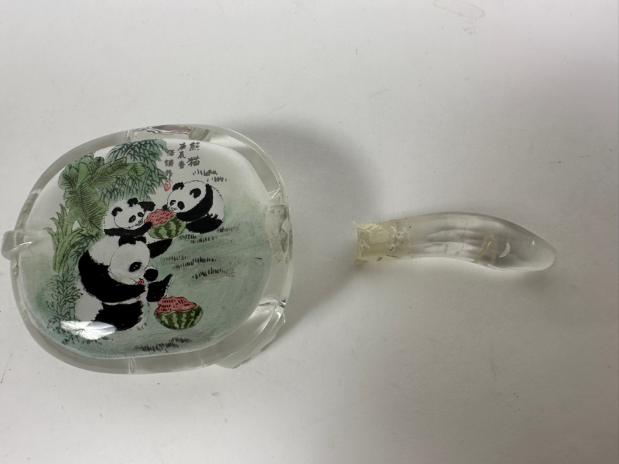 Just Added - Vintage Chinese Reverse Painted Pandas Eating Watermelon Glass Bottle 4W [Photo 9]