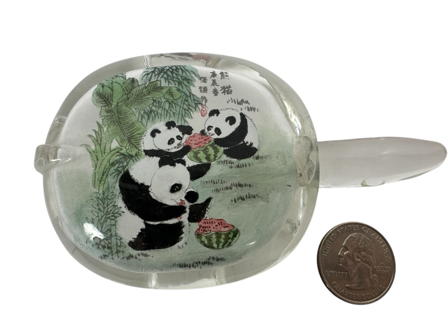 Just Added - Vintage Chinese Reverse Painted Pandas Eating Watermelon Glass Bottle 4W