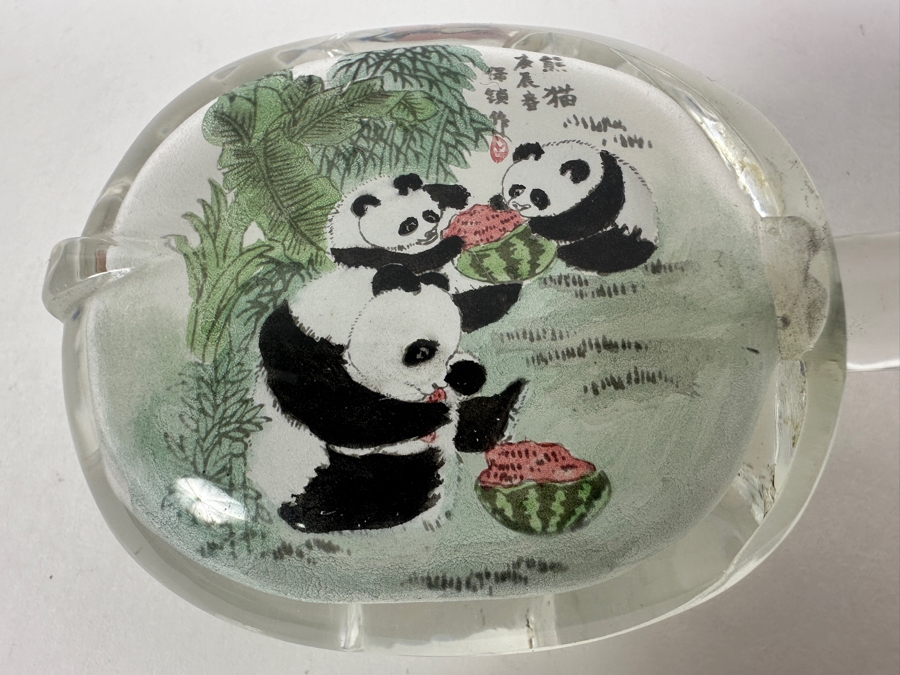 Just Added - Vintage Chinese Reverse Painted Pandas Eating Watermelon Glass Bottle 4W [Photo 5]