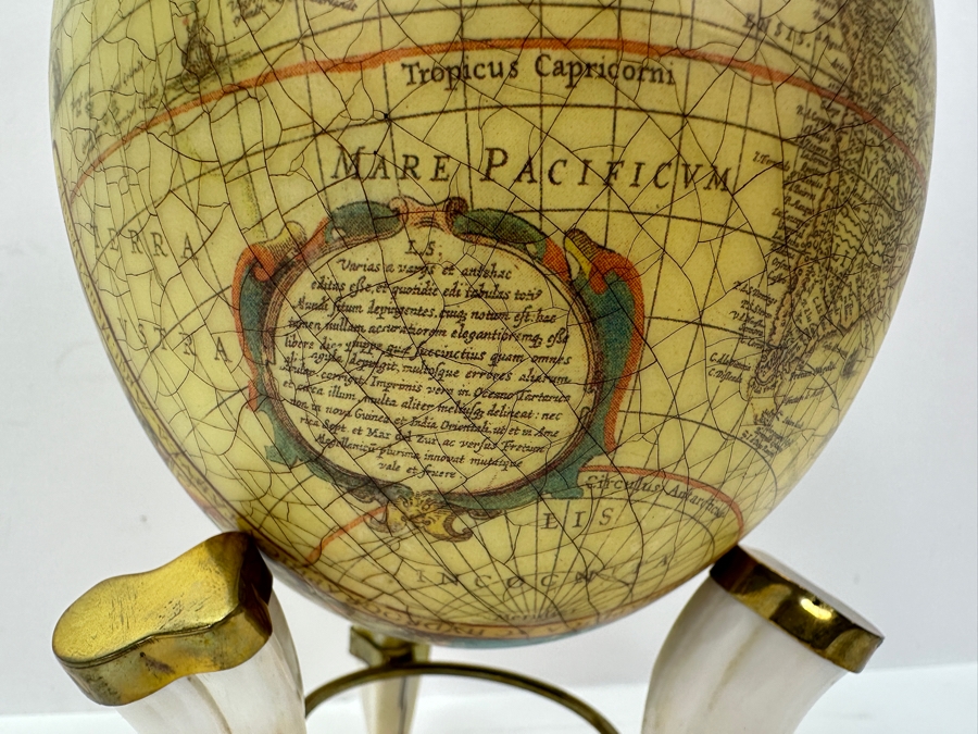 Just Added - Decoupage Ostrich Egg World Map With Animal Horn Stand 8.5H [Photo 6]