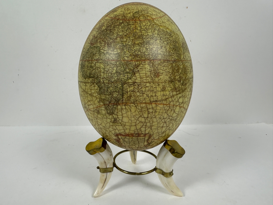 Just Added - Decoupage Ostrich Egg World Map With Animal Horn Stand 8.5H [Photo 3]