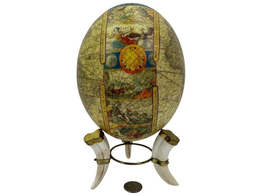 Just Added - Decoupage Ostrich Egg World Map With Animal Horn Stand 8.5H [Photo 1]