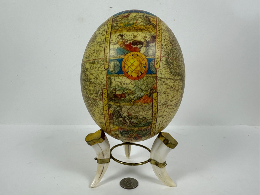 Just Added - Decoupage Ostrich Egg World Map With Animal Horn Stand 8.5H [Photo 2]