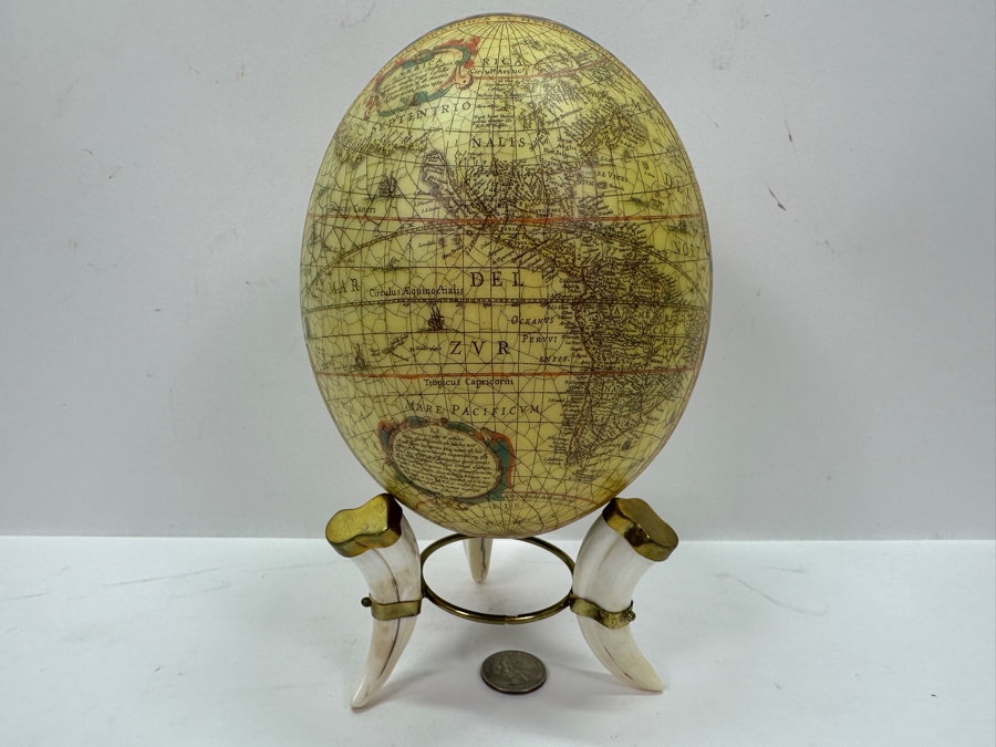 Just Added - Decoupage Ostrich Egg World Map With Animal Horn Stand 8.5H [Photo 5]
