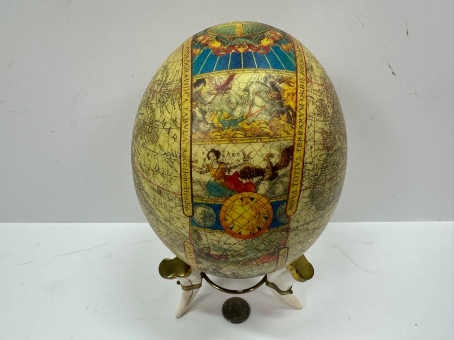 Just Added - Decoupage Ostrich Egg World Map With Animal Horn Stand 8.5H [Photo 4]
