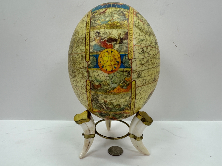 Just Added - Decoupage Ostrich Egg World Map With Animal Horn Stand 8.5H [Photo 10]