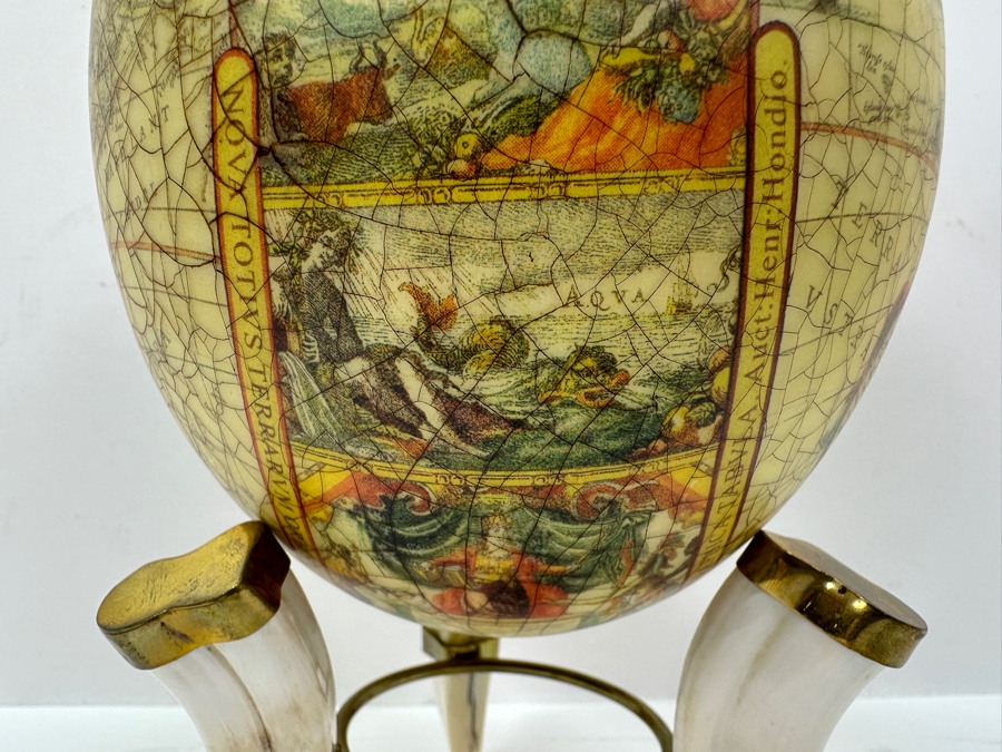 Just Added - Decoupage Ostrich Egg World Map With Animal Horn Stand 8.5H [Photo 11]
