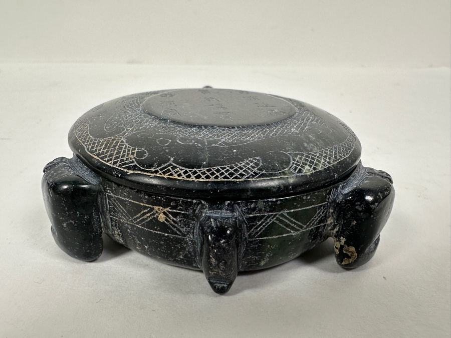 Just Added - Vintage Chinese Carved Black Stone Turtle Box With Writing On Top 262g [Photo 7]
