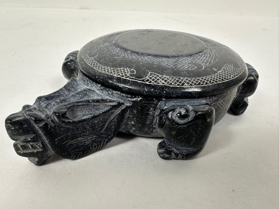 Just Added - Vintage Chinese Carved Black Stone Turtle Box With Writing On Top 262g [Photo 6]