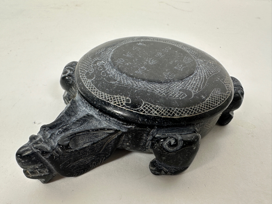 Just Added - Vintage Chinese Carved Black Stone Turtle Box With Writing On Top 262g [Photo 4]