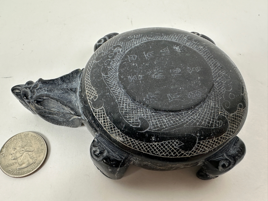 Just Added - Vintage Chinese Carved Black Stone Turtle Box With Writing On Top 262g [Photo 2]