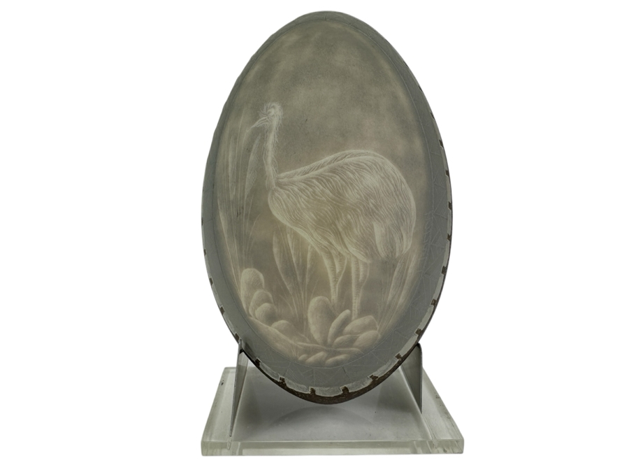 Just Added - Vintage Australian Carved Emu Egg With Stand 5.75H [Photo 1]