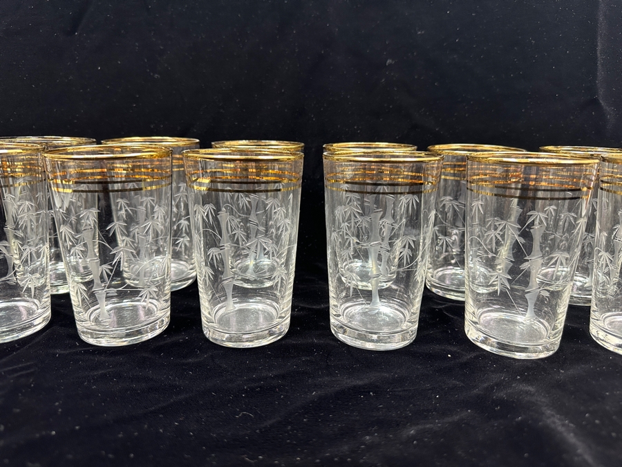 Just Added - (12) Vintage Etched Glass Bamboo Motif Gold Rim Drinking Glasses 4.5H [Photo 4]