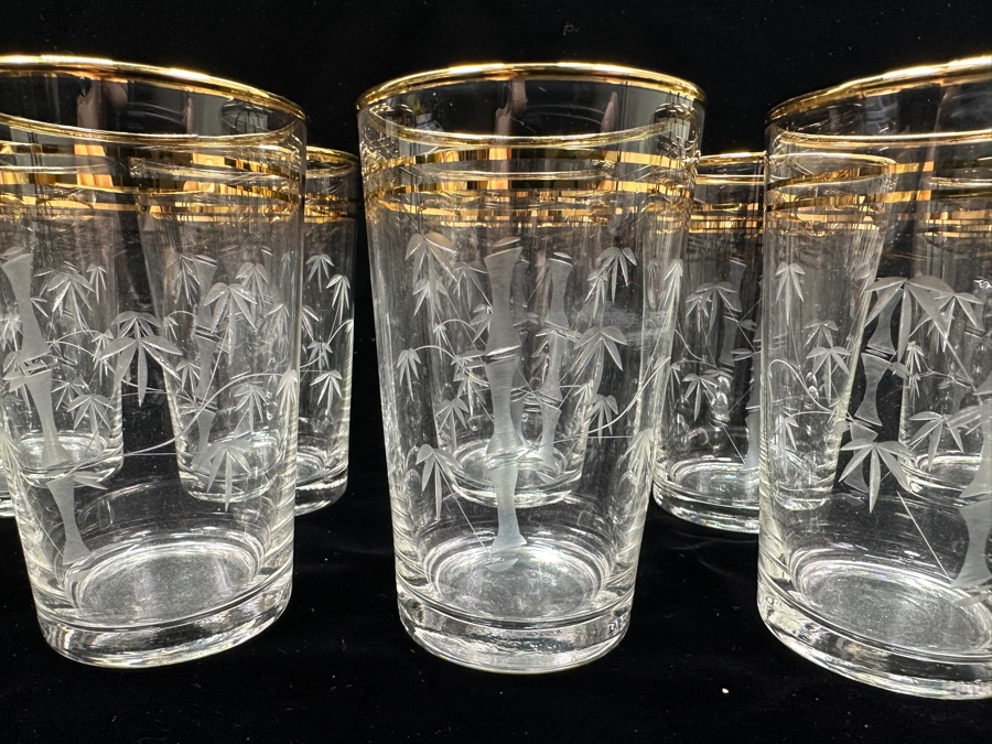 Just Added - (12) Vintage Etched Glass Bamboo Motif Gold Rim Drinking Glasses 4.5H [Photo 7]
