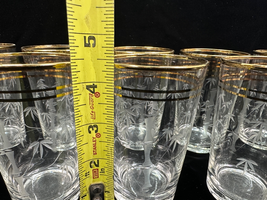 Just Added - (12) Vintage Etched Glass Bamboo Motif Gold Rim Drinking Glasses 4.5H [Photo 10]