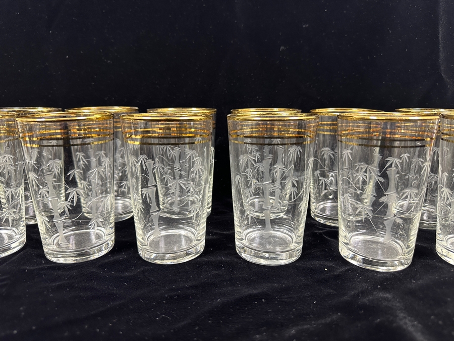 Just Added - (12) Vintage Etched Glass Bamboo Motif Gold Rim Drinking Glasses 4.5H [Photo 2]