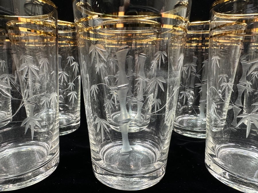 Just Added - (12) Vintage Etched Glass Bamboo Motif Gold Rim Drinking Glasses 4.5H [Photo 8]