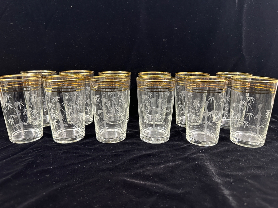 Just Added - (12) Vintage Etched Glass Bamboo Motif Gold Rim Drinking Glasses 4.5H [Photo 3]