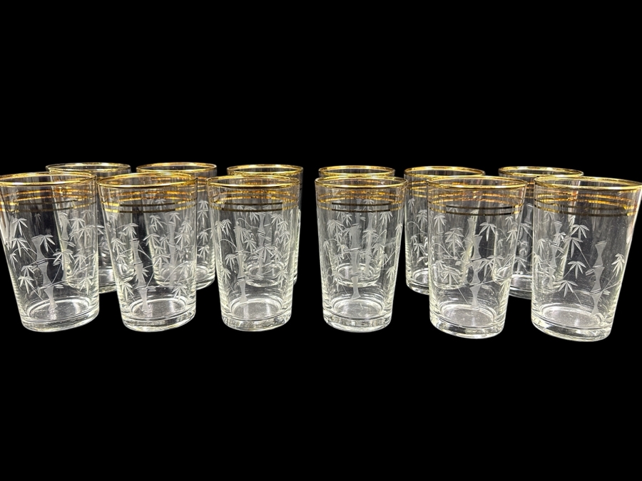 Just Added - (12) Vintage Etched Glass Bamboo Motif Gold Rim Drinking Glasses 4.5H [Photo 1]