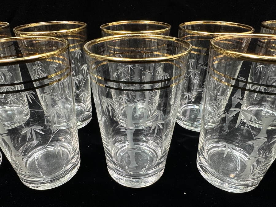 Just Added - (12) Vintage Etched Glass Bamboo Motif Gold Rim Drinking Glasses 4.5H [Photo 9]