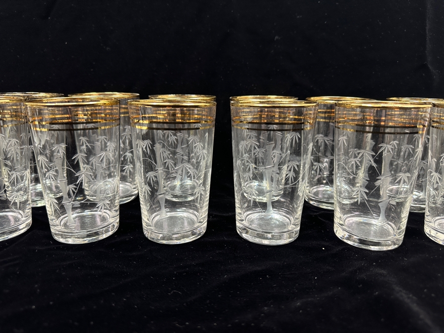 Just Added - (12) Vintage Etched Glass Bamboo Motif Gold Rim Drinking Glasses 4.5H [Photo 5]