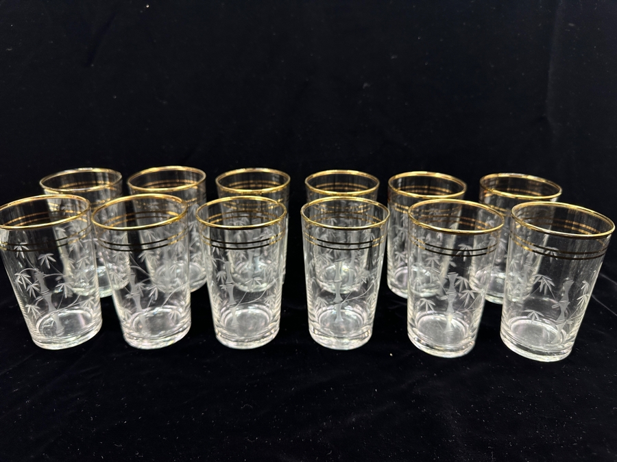 Just Added - (12) Vintage Etched Glass Bamboo Motif Gold Rim Drinking Glasses 4.5H [Photo 6]