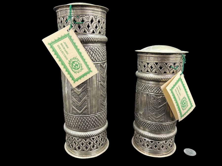 Just Added - New Pair Of John Richard Collection Metal Cannisters Made In India 9H & 11.5H [Photo 1]