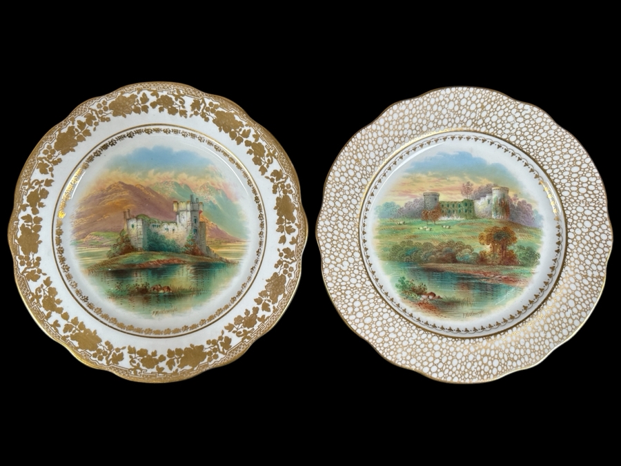 Pair Of F. Micklewright Artist Signed Hand Painted Plates Of Kilchurn Castle And Bothwell Castle By Hammersley & Co England 10.5W